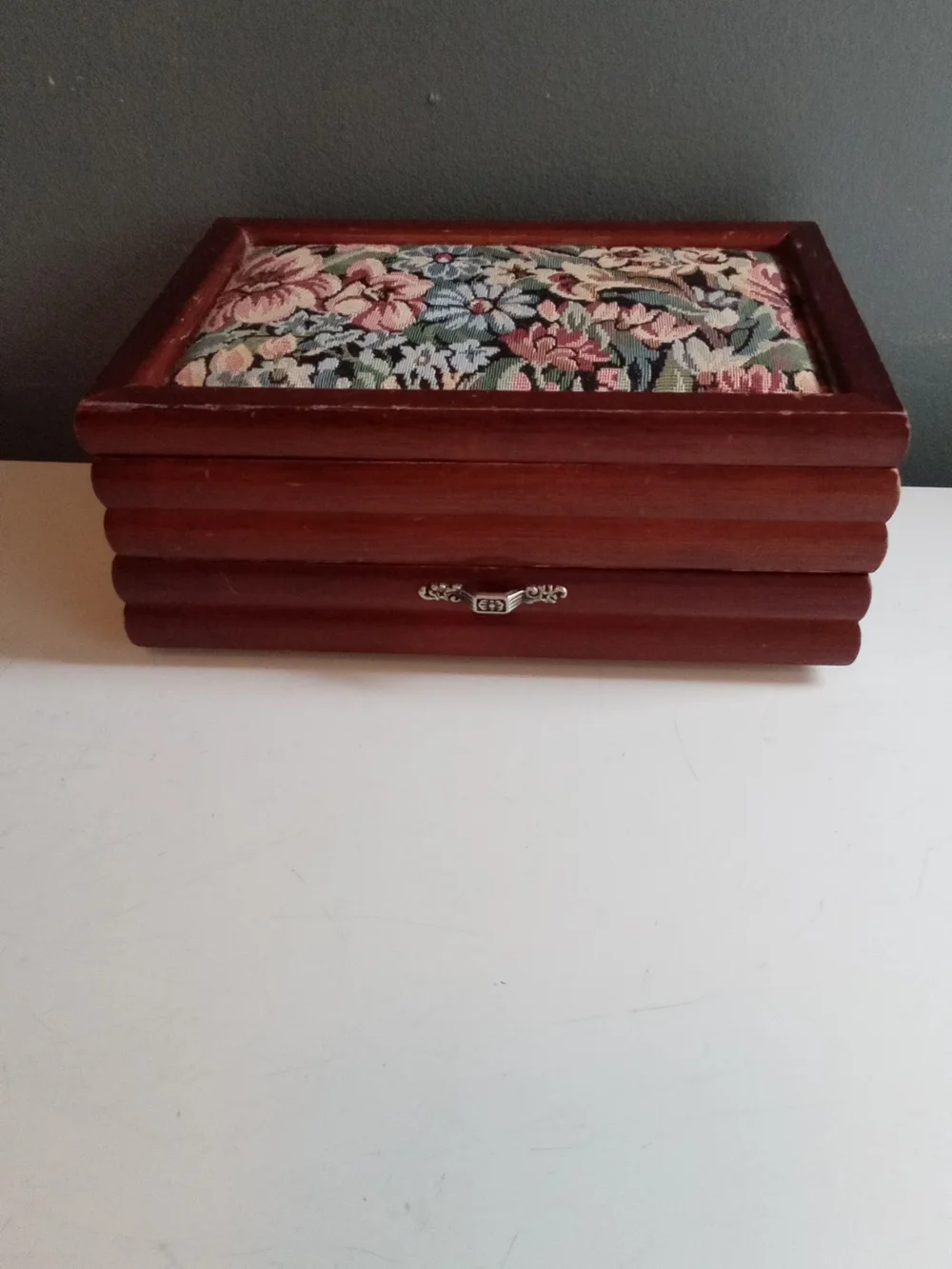 Vintage Wooden Jewelry Box Floral Tapestry Lid Pink Velvet Lining Drawer Storage